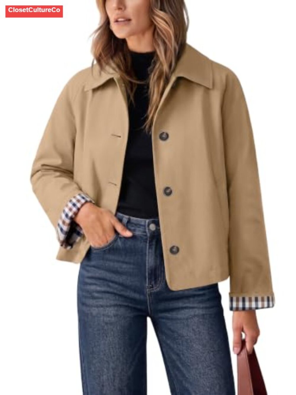 Oversized Cropped Trench Coat Casual Lightweight Jacket Button Front
